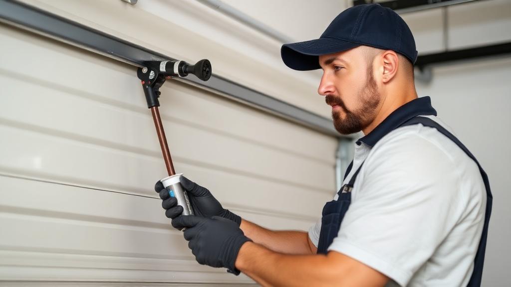 Professional technician performing garage door maintenance inspection