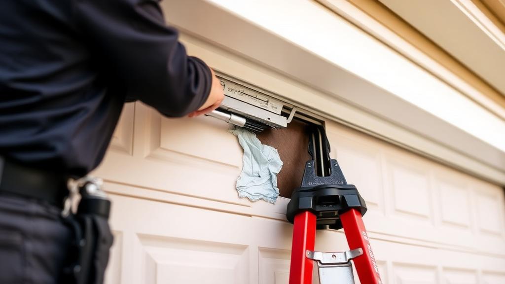 Damaged garage door panel being repaired by professional technician