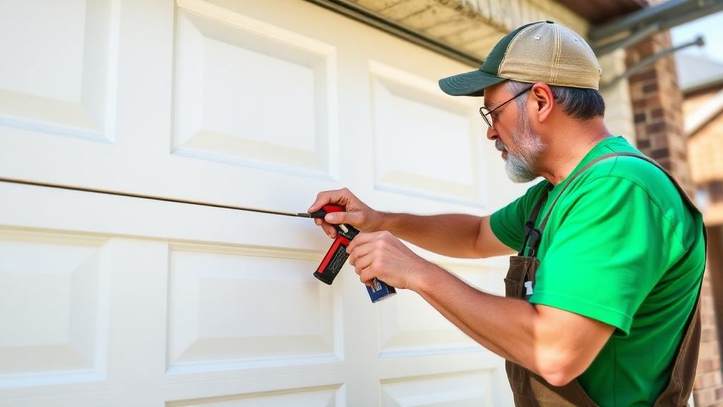 Homeowner performing spring maintenance on garage door