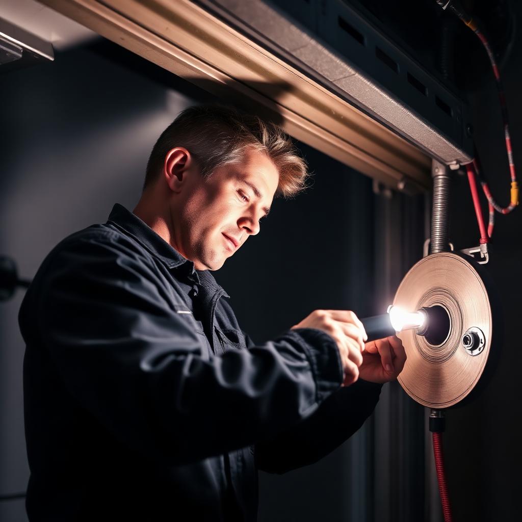 Emergency garage door repair technician working at night with flashlight
