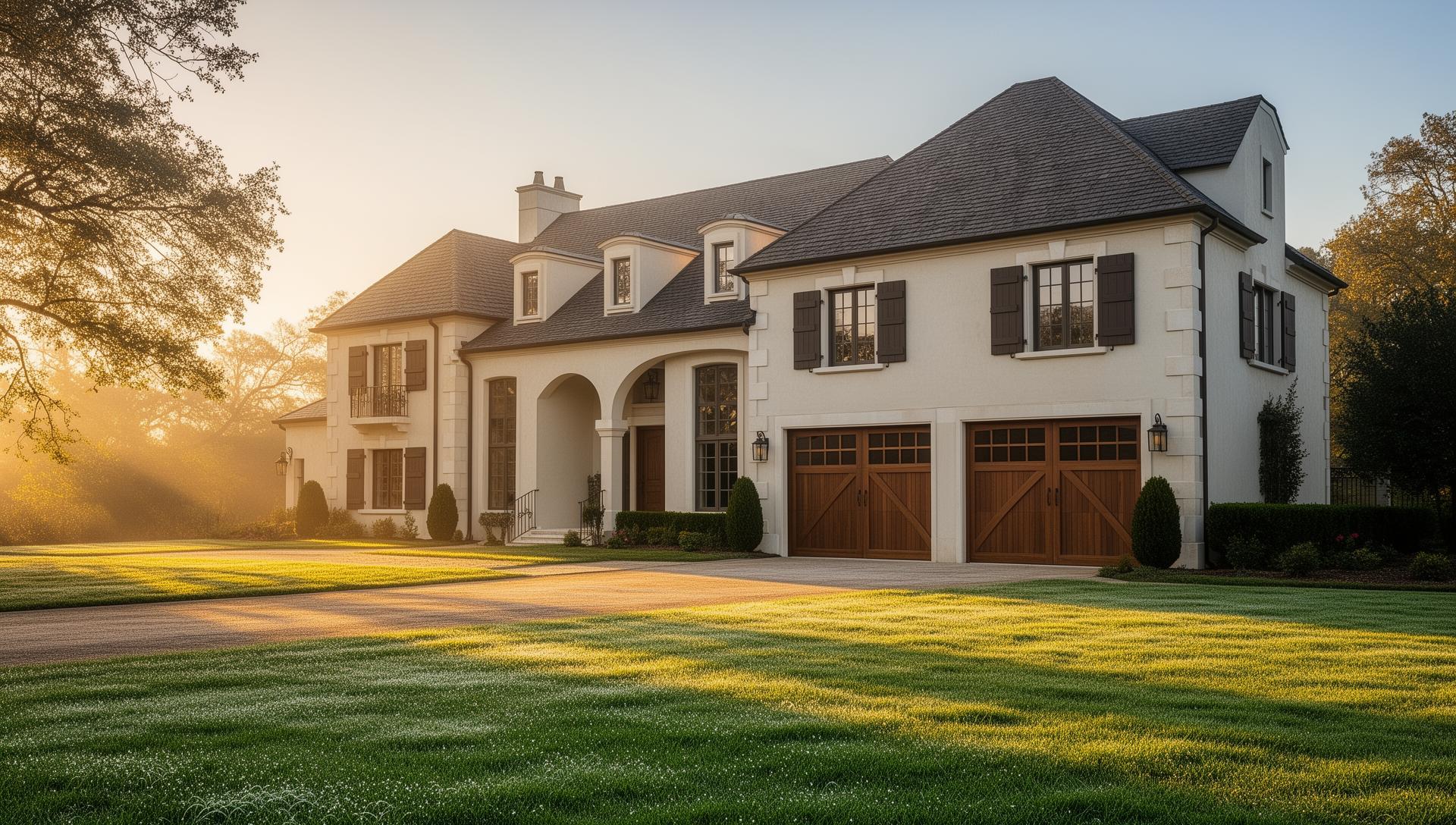 Beautiful French country estate with craftsman style garage doors featuring rectangular windows, professional architectural photography