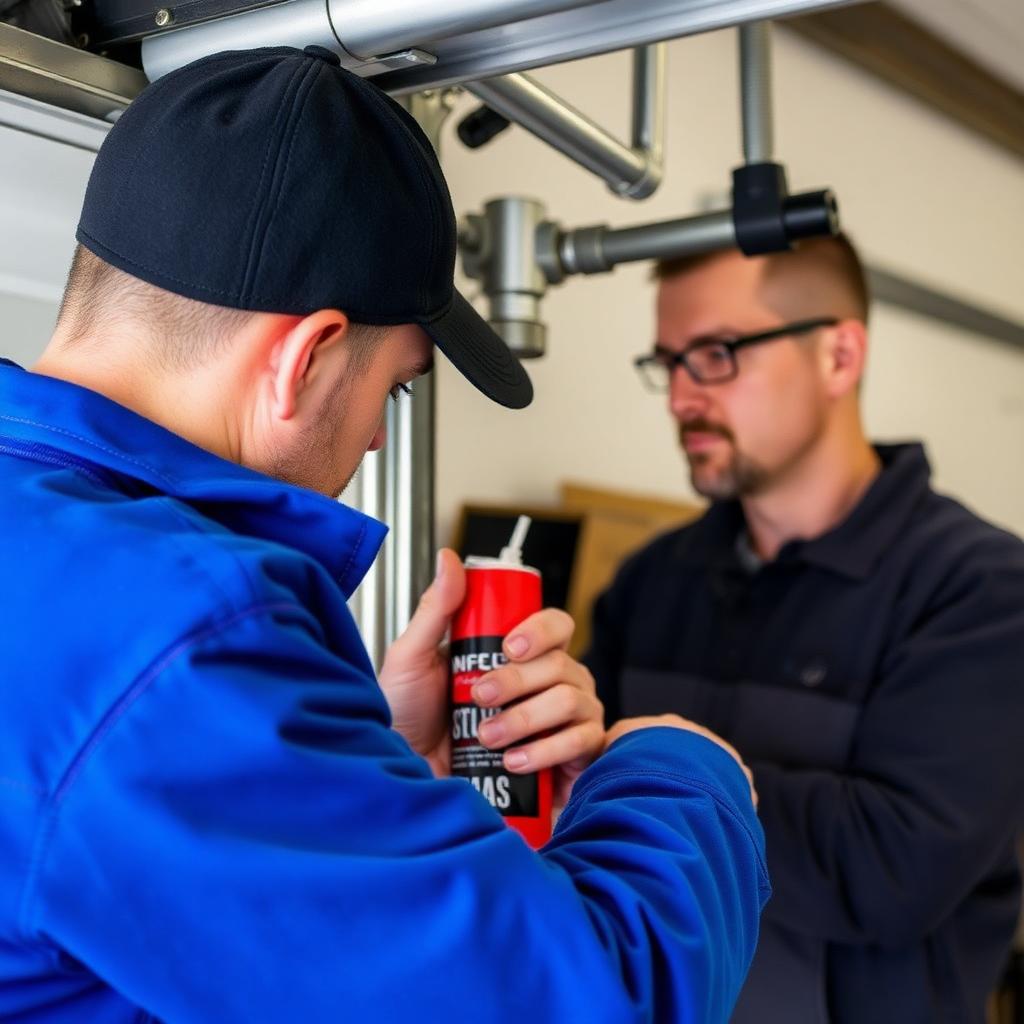 Professional garage door maintenance service with technician lubricating springs