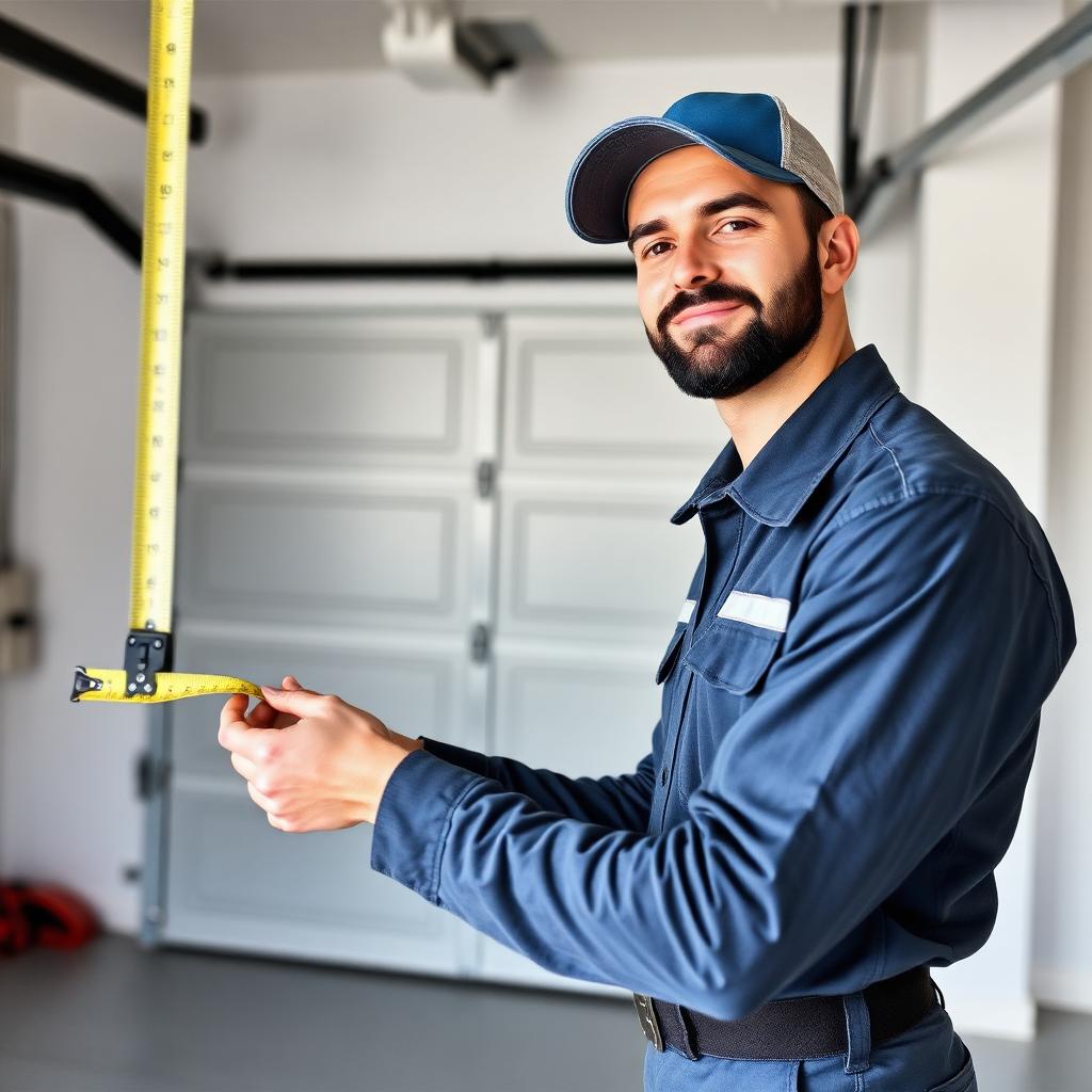 Professional garage door technician measuring for installation, trustworthy and experienced